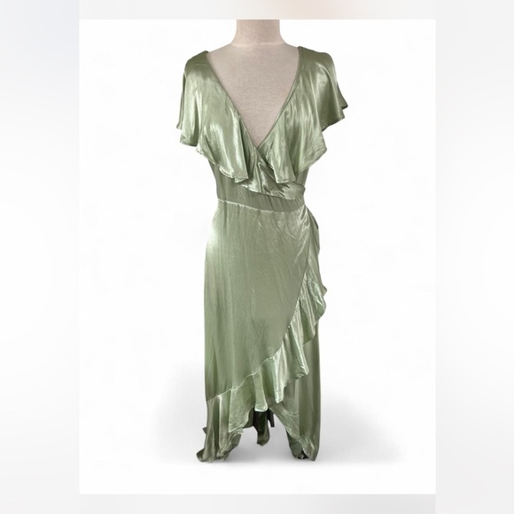 Topshop Dresses & Skirts - NWT Topshop satin frill wrap dress in sage Size 8